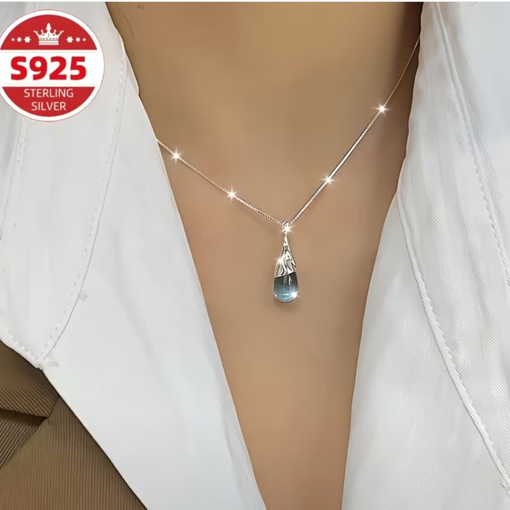 Silver Blue Water Droplet Necklace